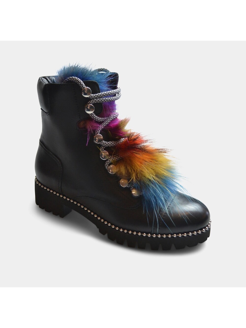 Cecelia New York Trekker Black Leather Combat Boots Multicolor Fox Fur Trim 7M